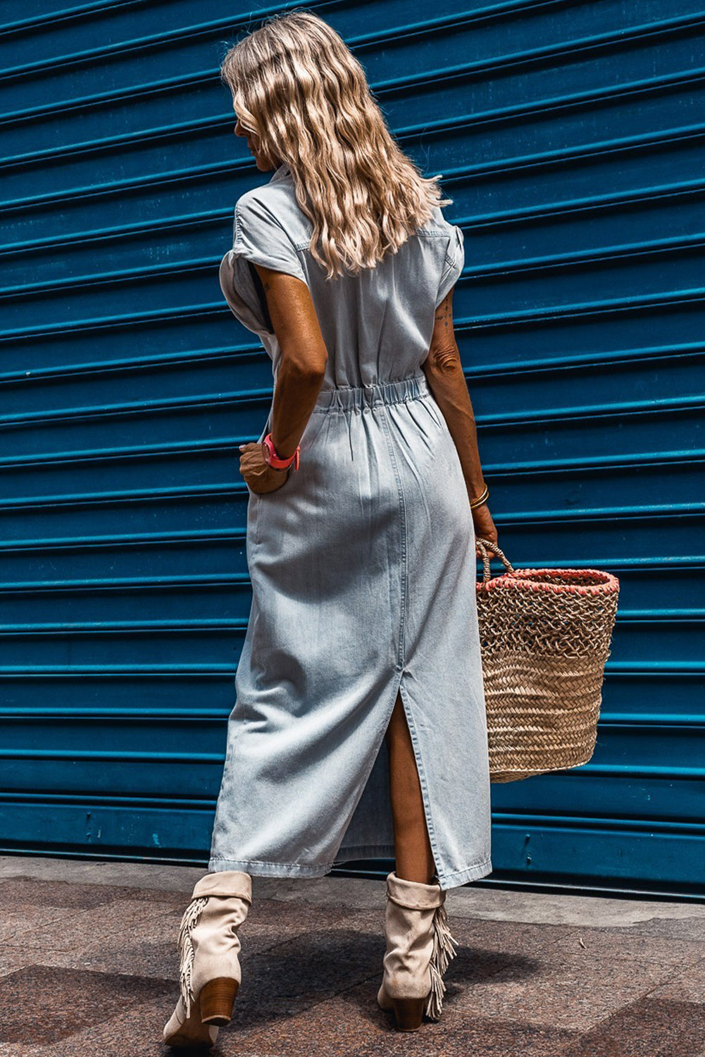 Short Batwing Sleeve Slit Back Denim Dress | Beau Blue