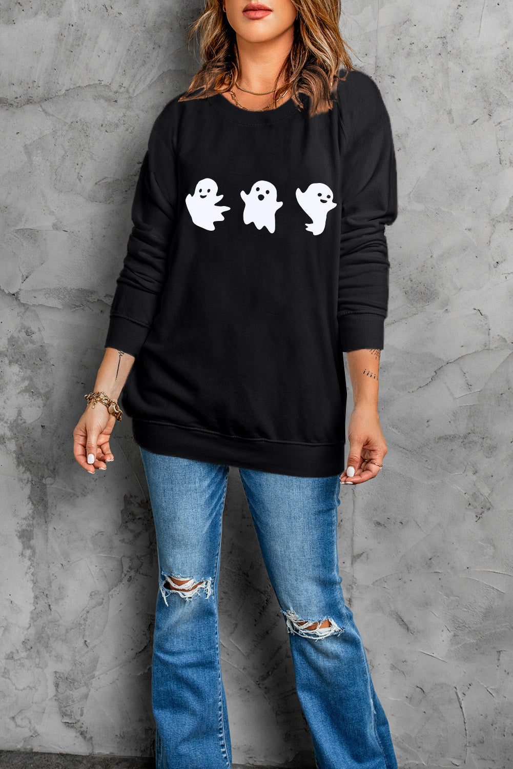 Halloween Ghosts Print Round Neck Sweatshirt | Black