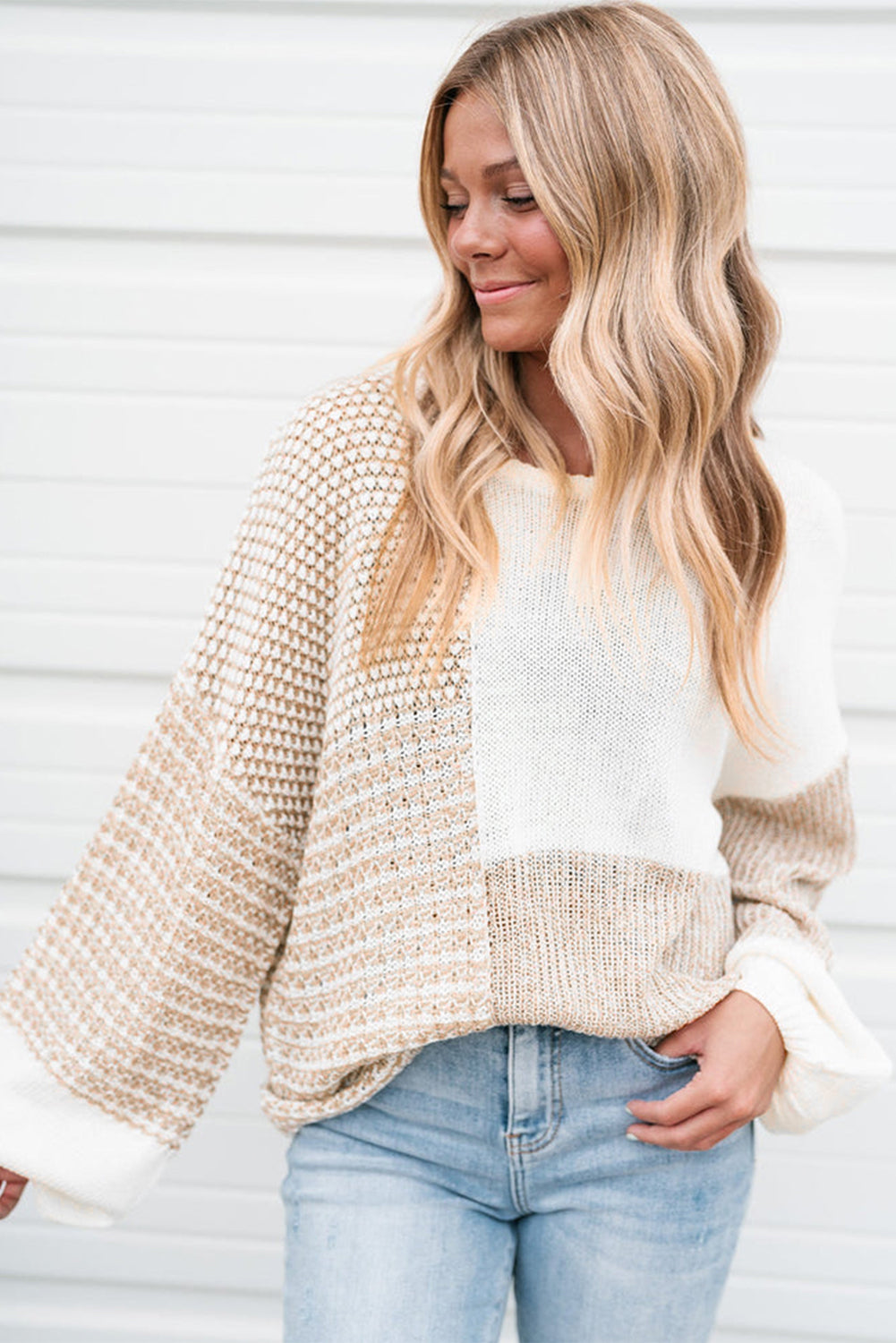 Mixed Pattern Knit Tie Keyhole Drop Shoulder Sweater | Oatmeal