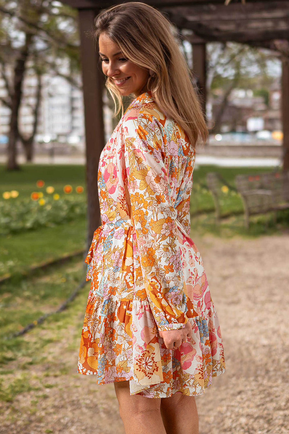 Ruffled Buttoned Knotted High Waist Floral Mini Dress | Yellow