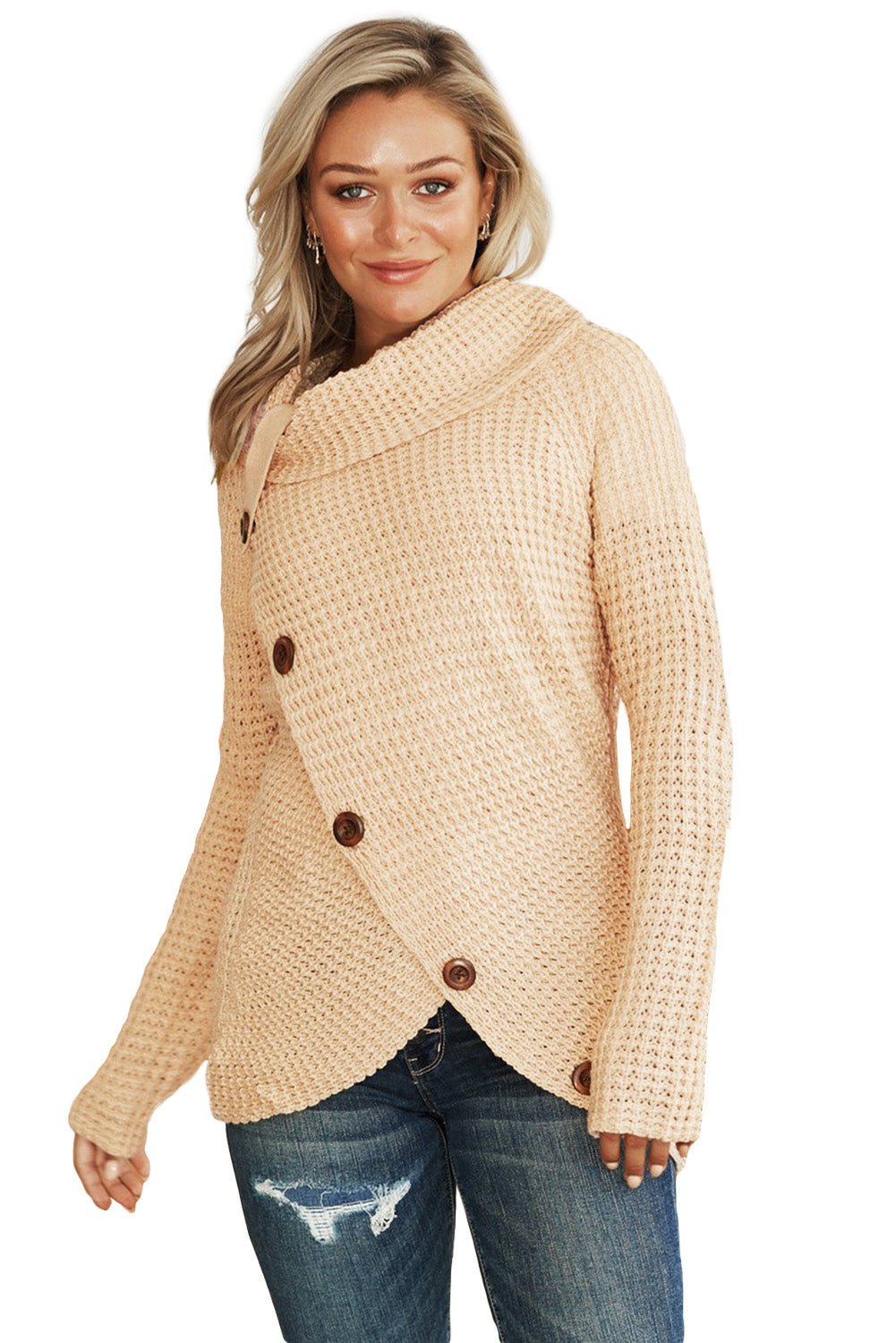 Buttoned Wrap Turtleneck Sweater | Beige