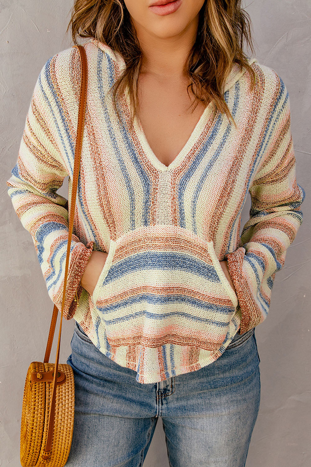 Striped Knit Kangaroo Pocket Hooded Sweater | Multicolour