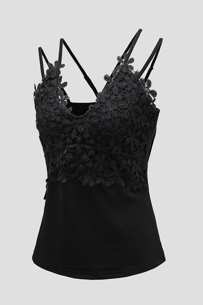 Lace Overlay Strappy Hollow-Out Tank Top | Black