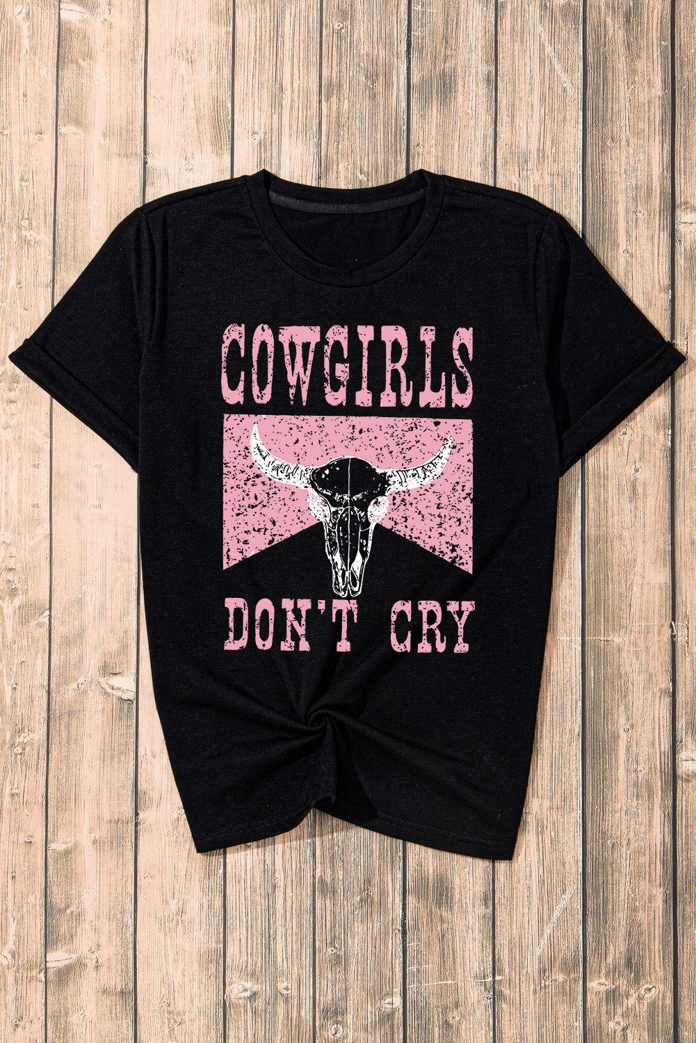 Cowgirl Dont Cry Steer Head Print Short Sleeve Top | Black