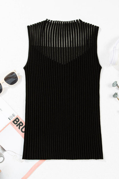 Ribbed Texture Mesh Cutout Knitted Sweater Vest | Black