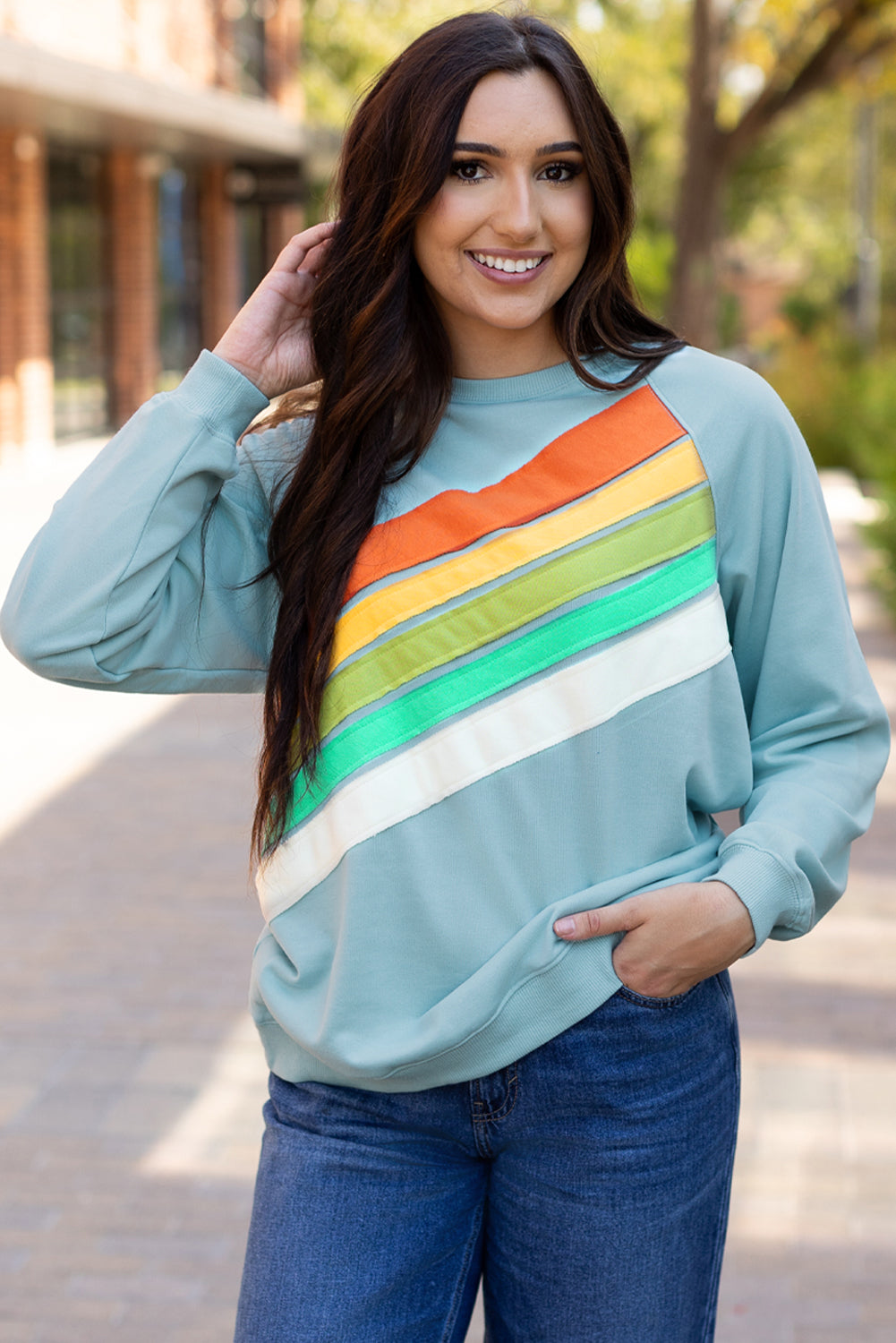 Rainbow Colourblock Striped Pullover Sweatshirt | Beau Blue