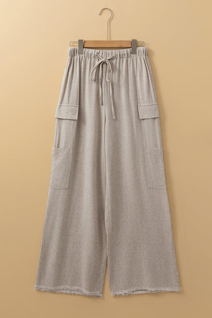 Boho Linen Drawstring Waist Raw Edge Cargo Loose Pants | Beige