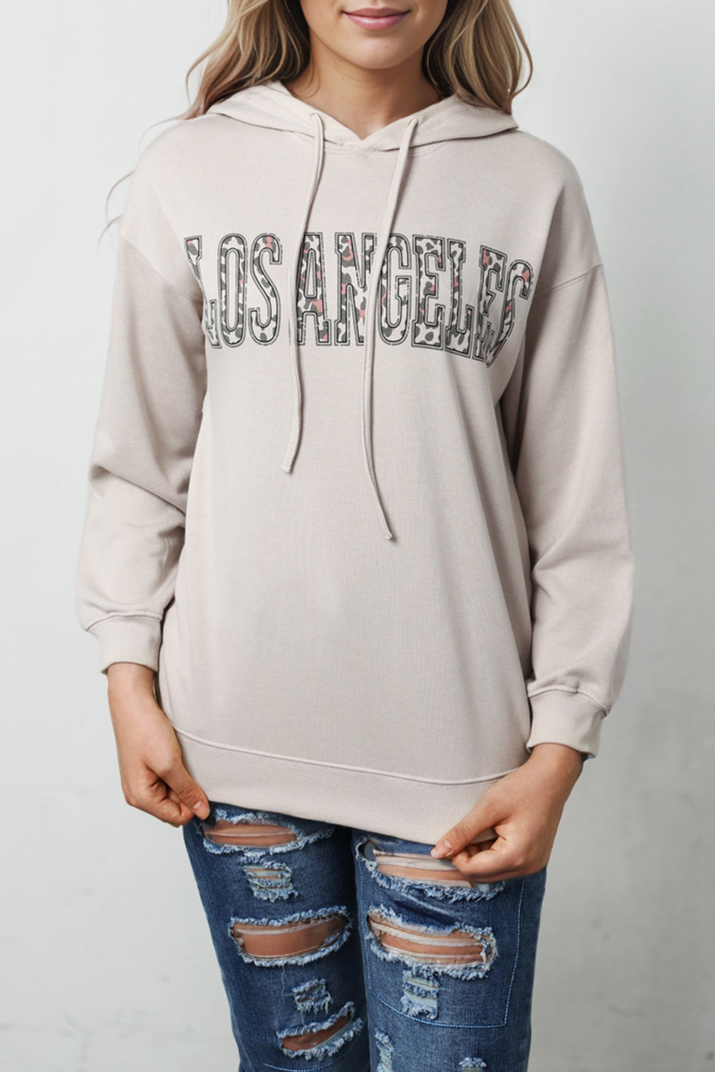 Los Angeles Leopard Letter Graphic Hooded Sweatshirt | Khaki