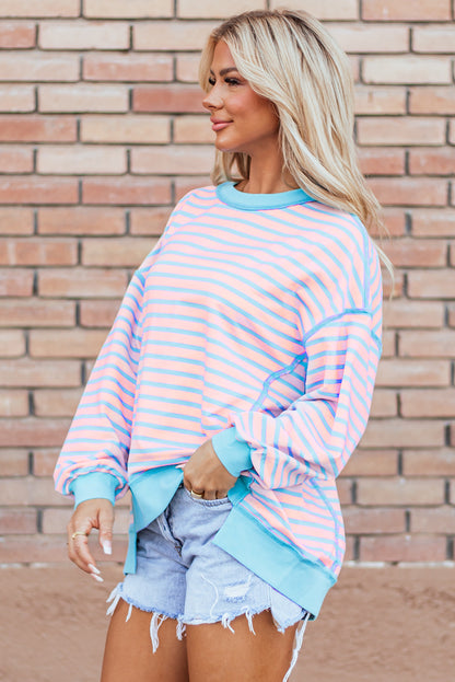 Contrast Trim High Low Pullover Tunic Sweatshirt | Pink Stripe