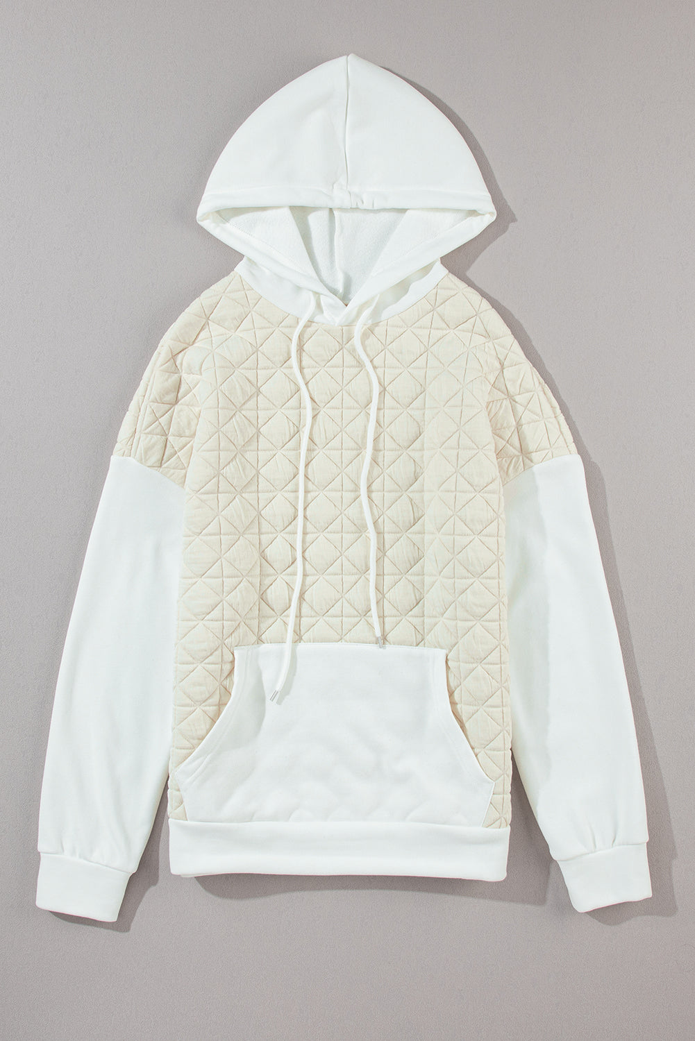 Drop Shoulder Quilted Patchwork Kangaroo Pocket Hoodie | Beige