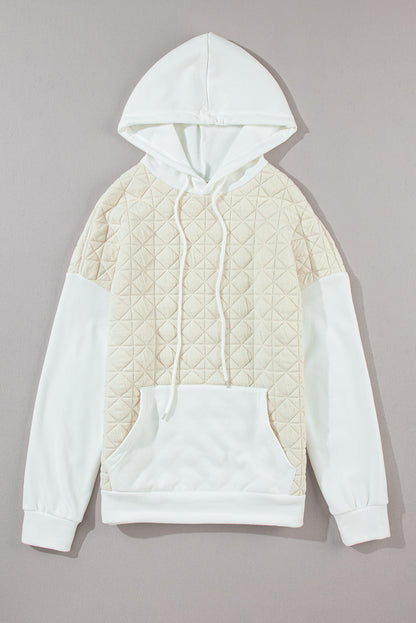 Drop Shoulder Quilted Patchwork Kangaroo Pocket Hoodie | Beige