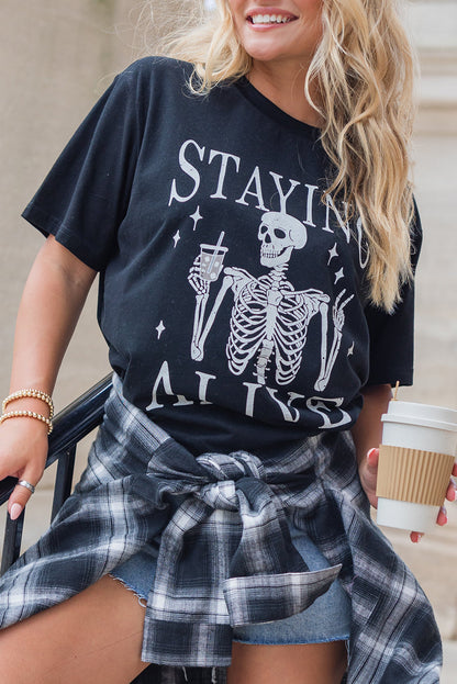 Staying Alive Funny Skeleton Print Round Neck T Shirt | Black