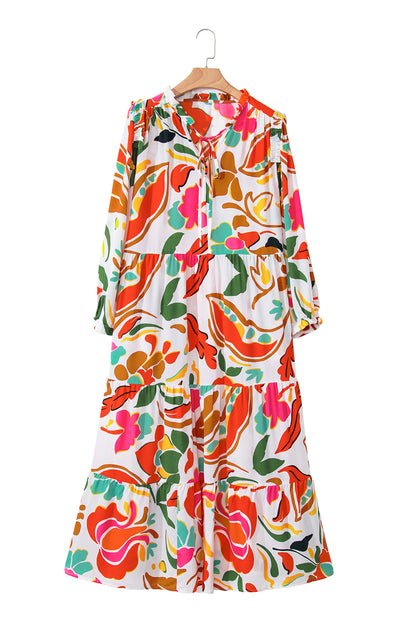 Floral Print Drawstring V Neck Tiered Plus Size Dress | Orange