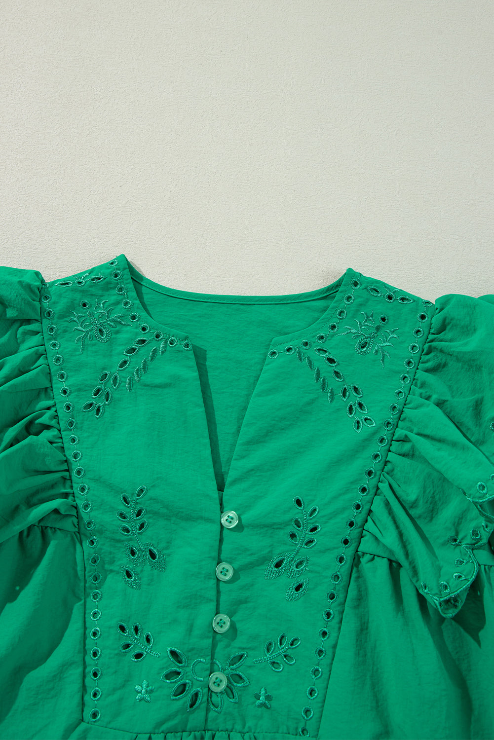 Embroidered Ruffled Trim 3/4 Sleeve V Neck Mini Dress | Bright Green