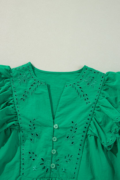 Embroidered Ruffled Trim 3/4 Sleeve V Neck Mini Dress | Bright Green