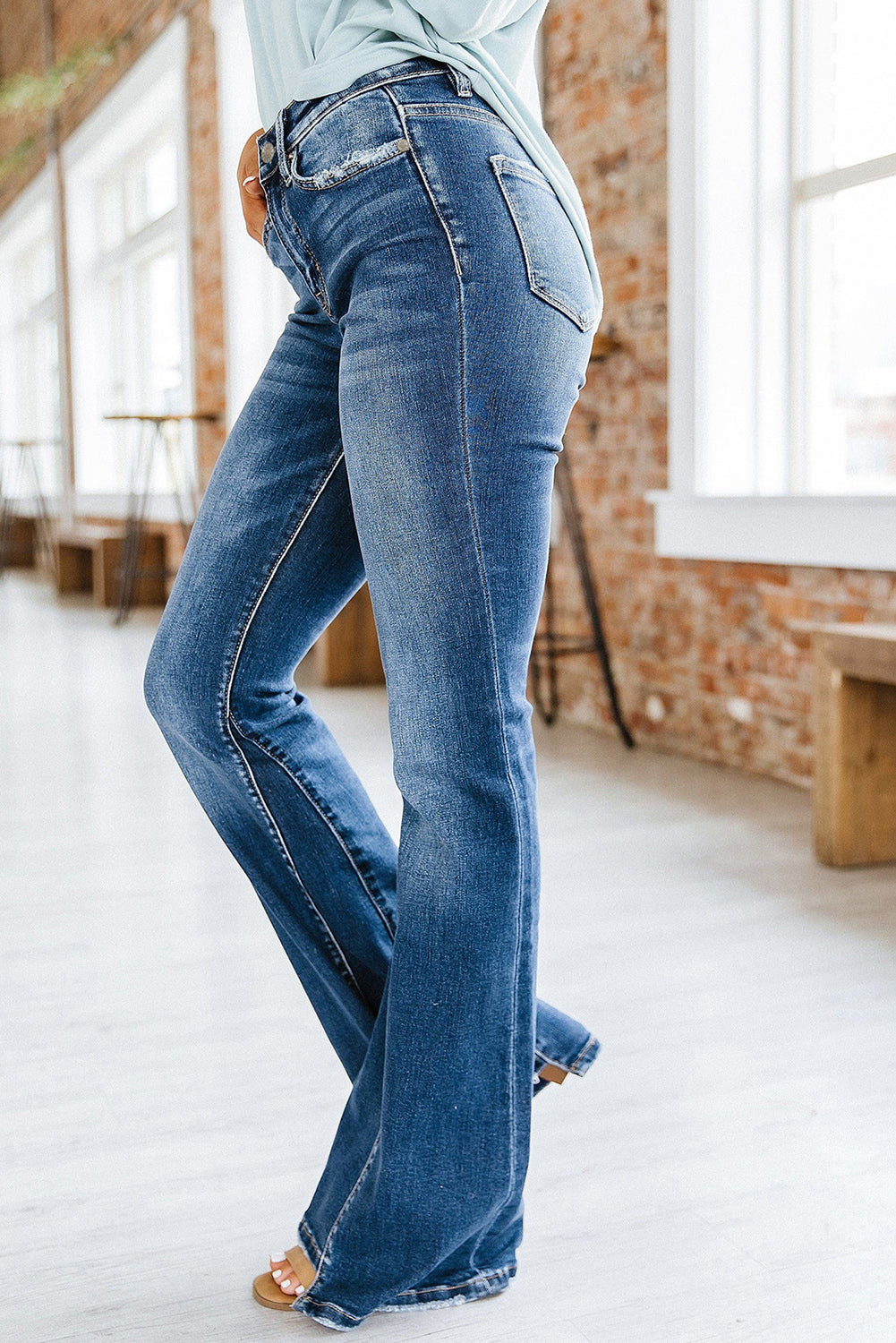 Medium Wash High Rise Flare Jeans | Sky Blue