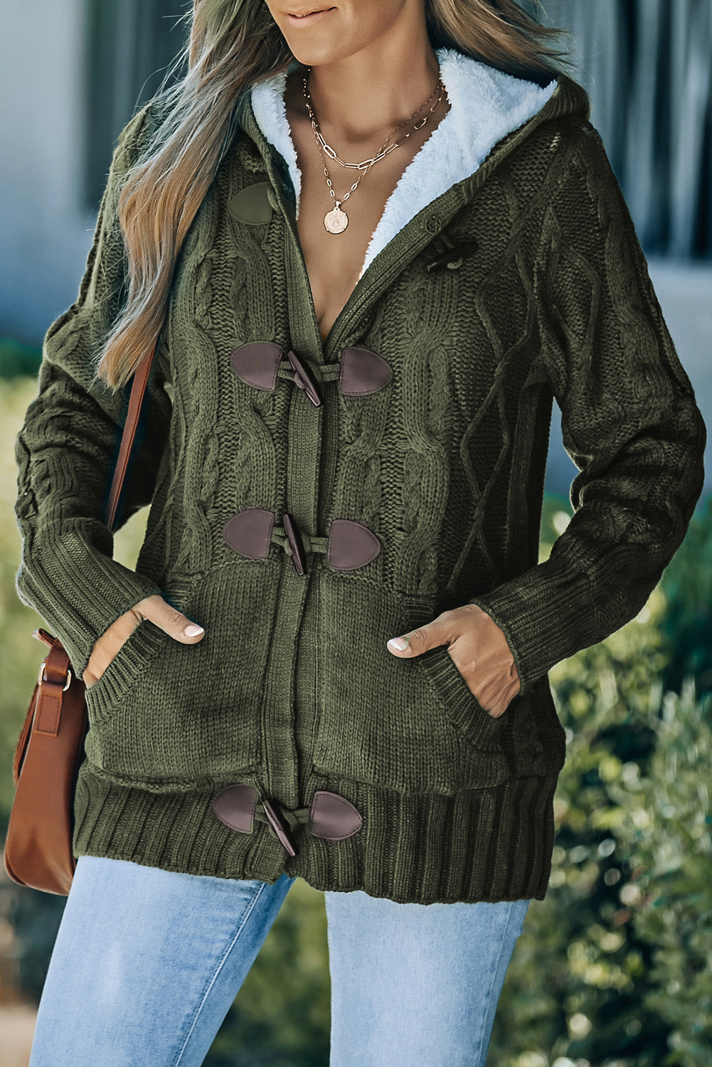 Army Green Fur Hood Horn Button Sweater Cardigan