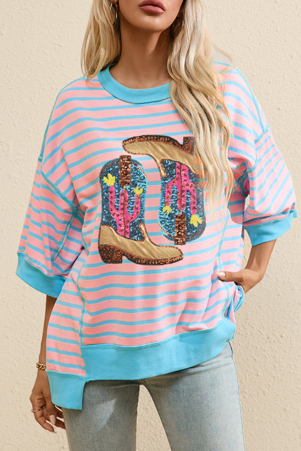 Sequin Western Cactus Boots Graphic Half Sleeve T Shirt | Pink Stripe