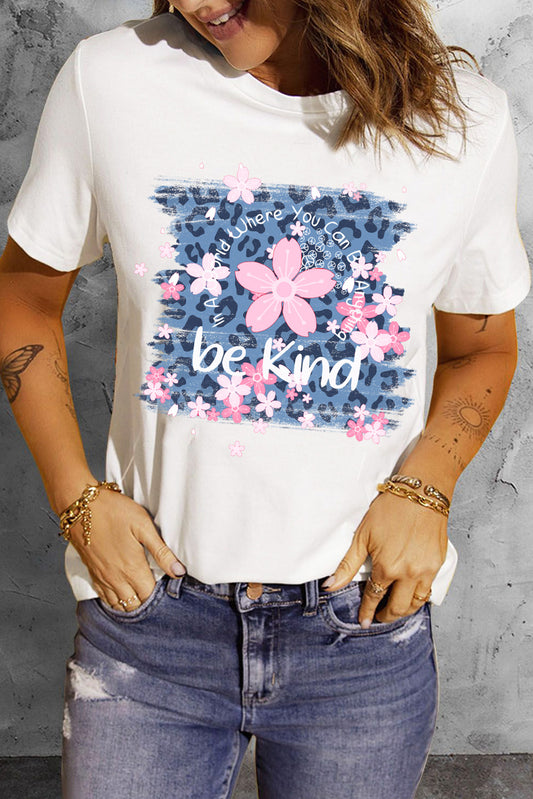 White Be Kind Cherry Blossoms Leopard Graphic T Shirt