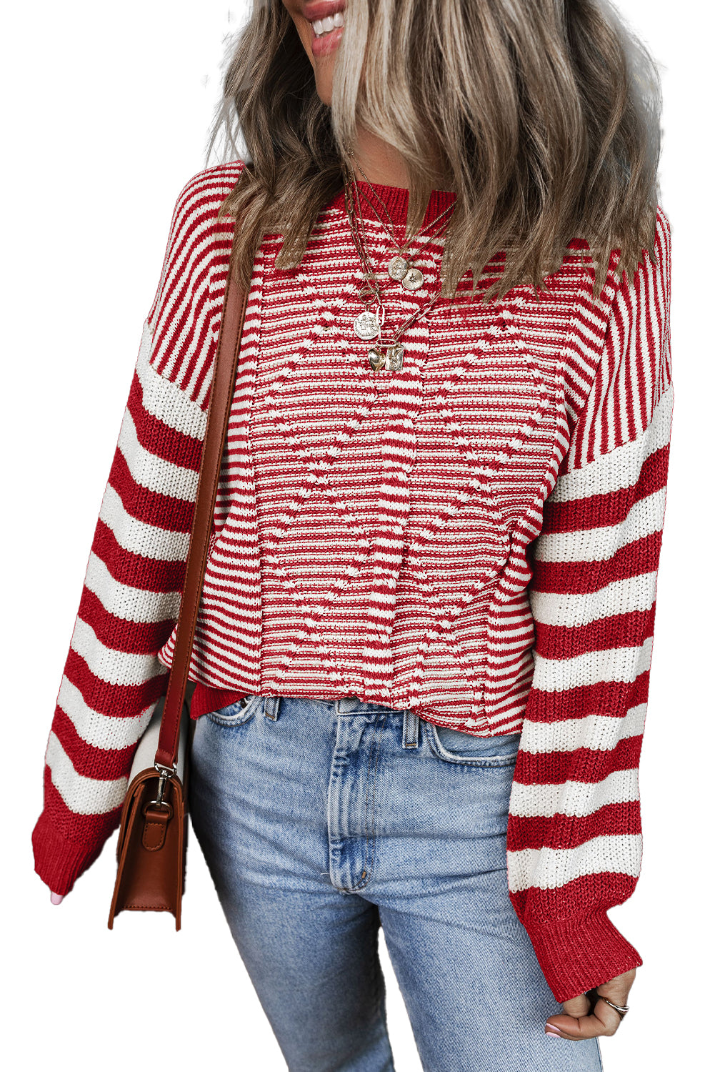 Geometric Textured Drop Shoulder Sweater | Red Stripe