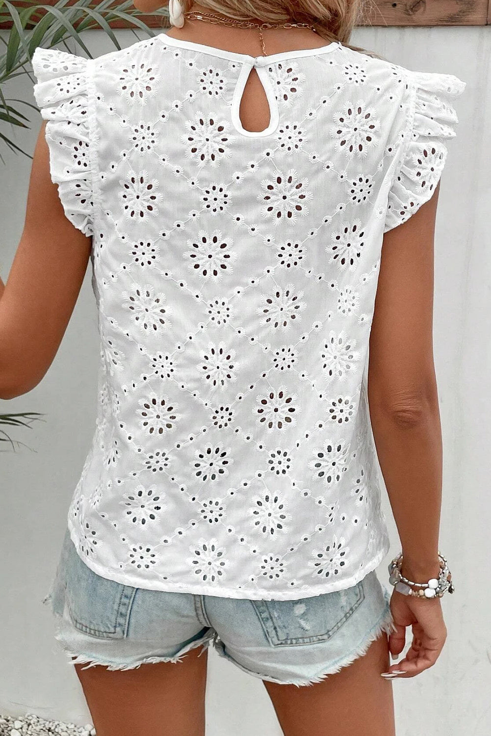 Eyelet Embroidered Ruffled Flutter Sleeve Blouse | White