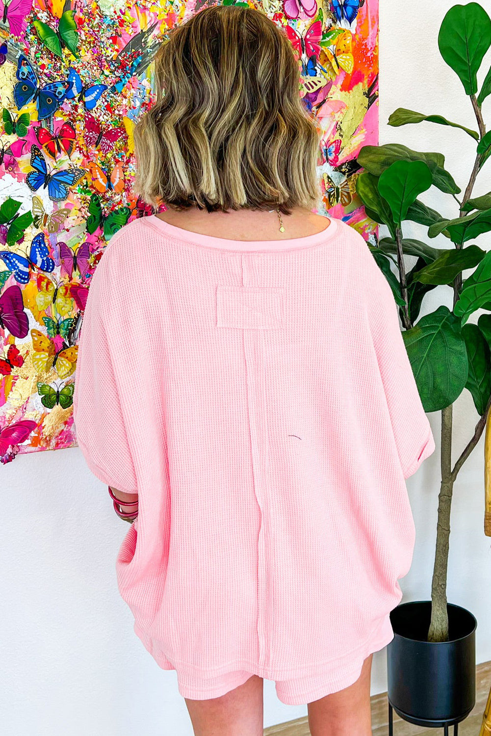 Waffle Knit Oversize Tee And Shorts Set | Light Pink