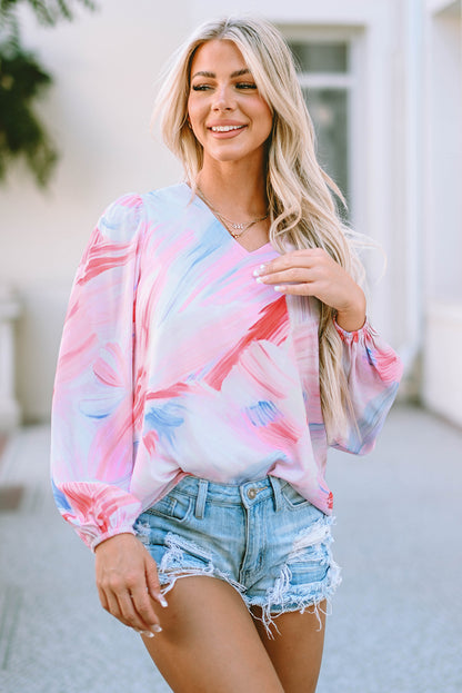 Abstract Print Balloon Sleeve V-Neck Blouse | Pink