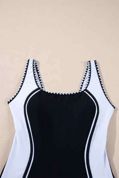 Colour Block Ric Rac Trim U Neck One Piece Swimsuit | Black