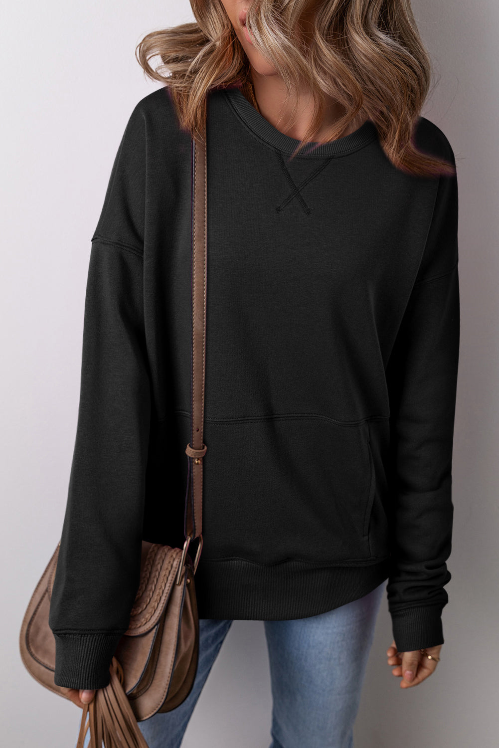 Drop Shoulder Crisscross Stitching Pocketed Loose Sweatshirt | Black