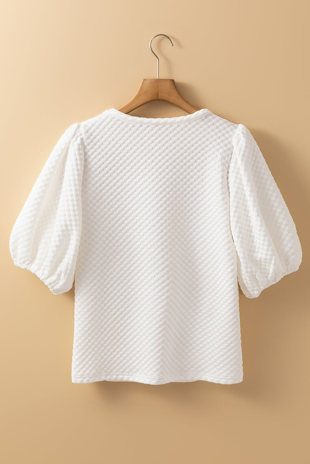 Solid Textured O Neck Puff Sleeve Blouse | White