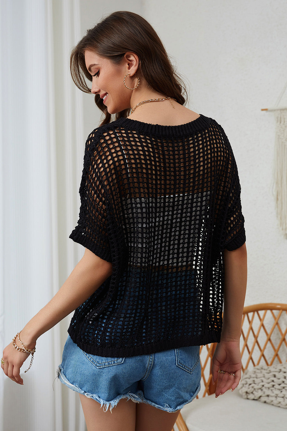 Fishnet Knit Ribbed Round Neck Short Sleeve Sweater Tee | Black