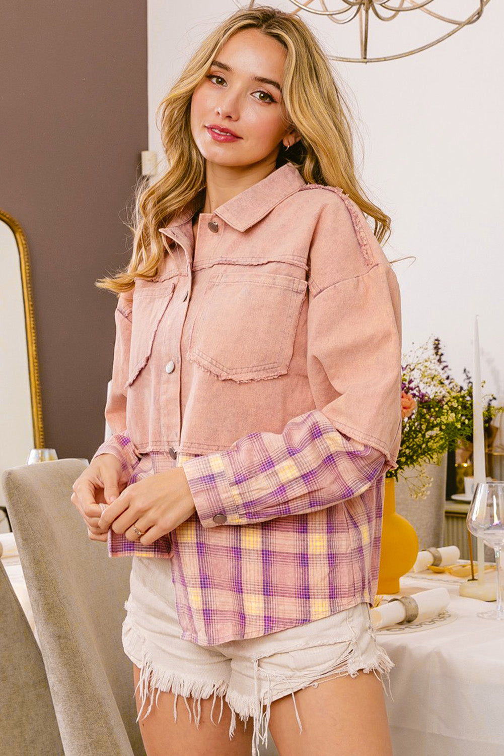 Frayed Patchwork Plaid Contrast Jacket | Pink