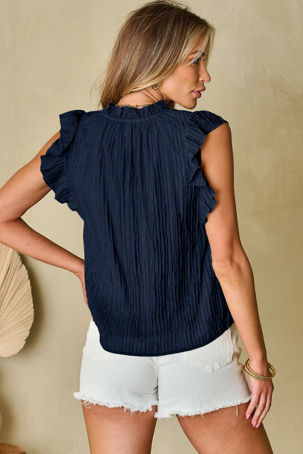 V Neck Flutter Sleeve Textured Blouse | Navy Blue