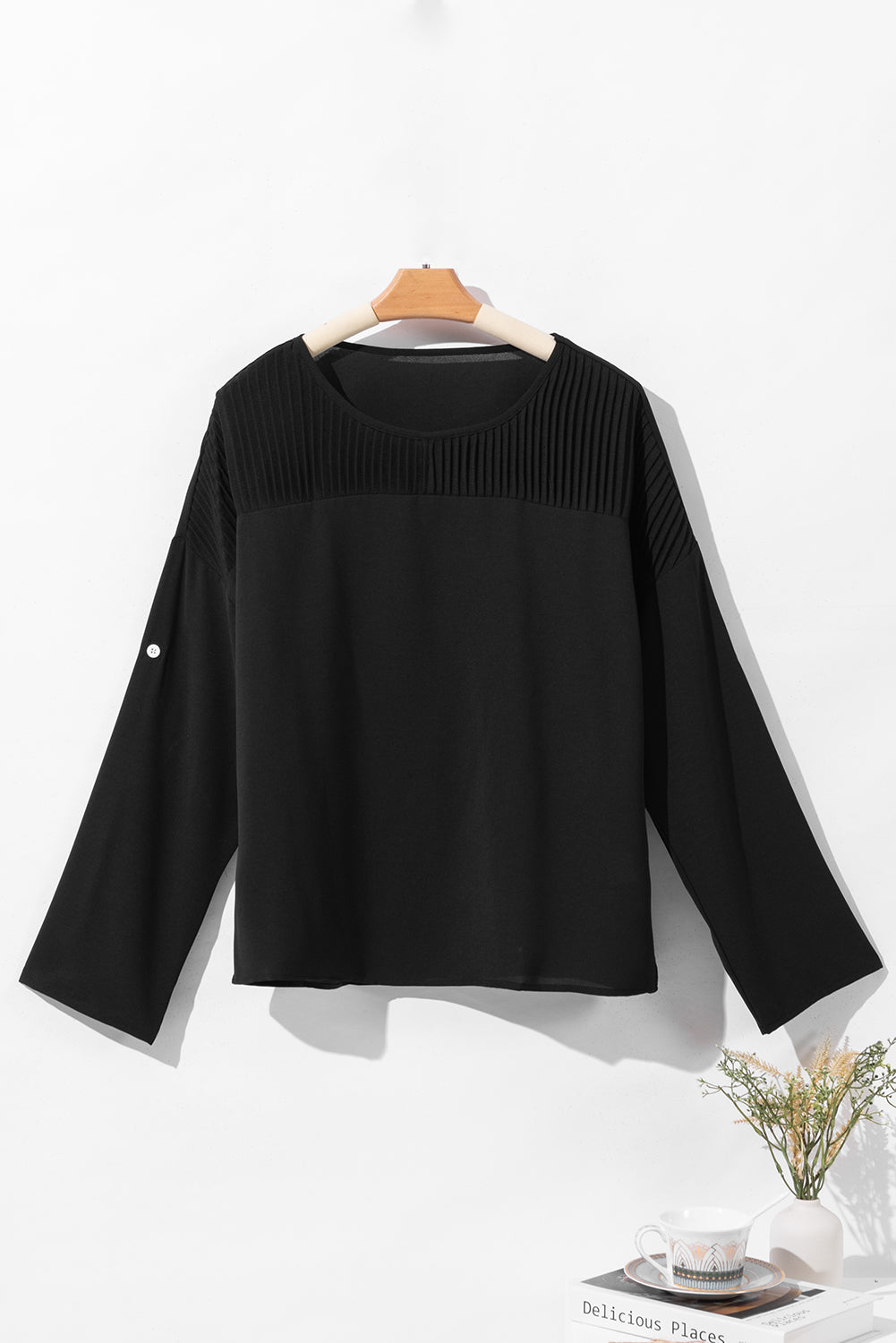 Roll Up Sleeve Stitching Detail Blouse | Black