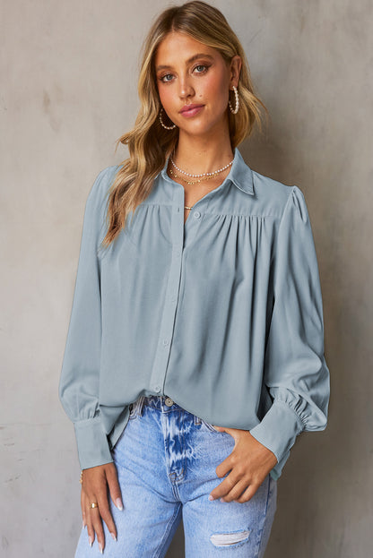 Sky Blue Solid Color Button Up Puff Sleeve Blouse