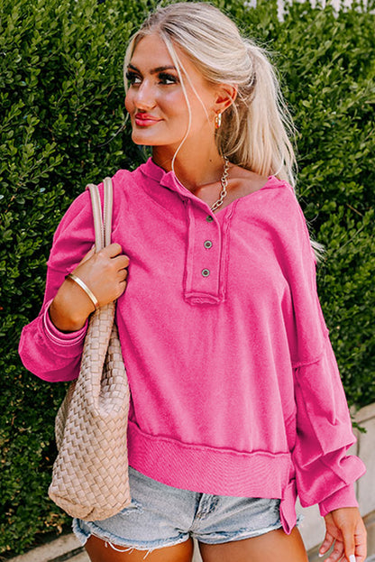 Drop Shoulder Henley Buttons Sweatshirt | Strawberry Pink