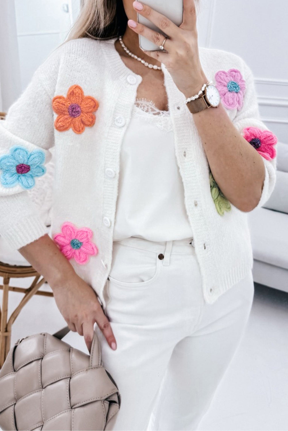 Cute Knitted Floral Pattern Button Up Cardigan | White