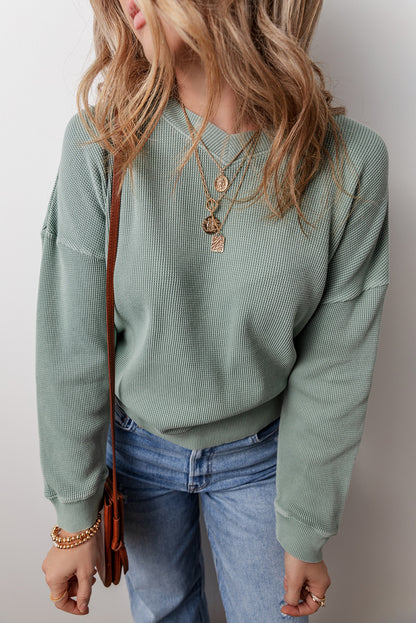 Waffle Knit Drop Shoulder V Neck Top | Clearly Aqua