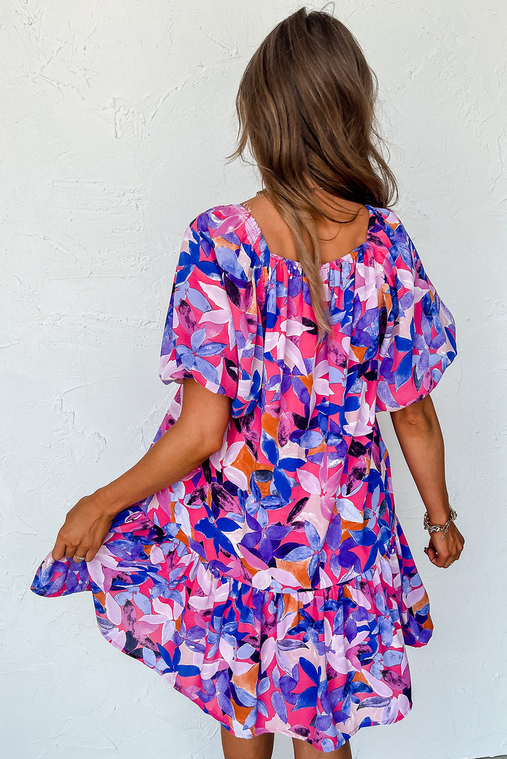 Flower Print Short Puff Sleeve Ruffled Dress | Purple