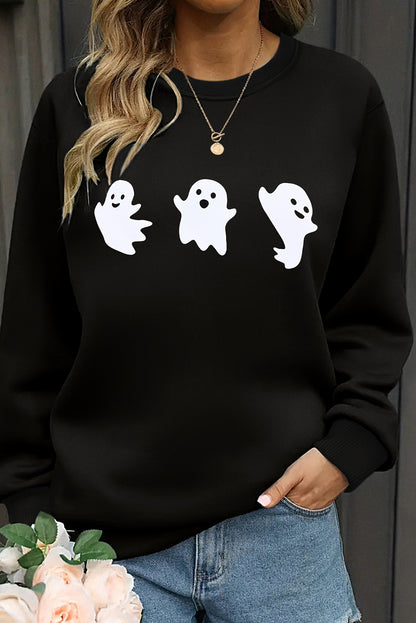 Halloween Ghosts Print Round Neck Sweatshirt | Black