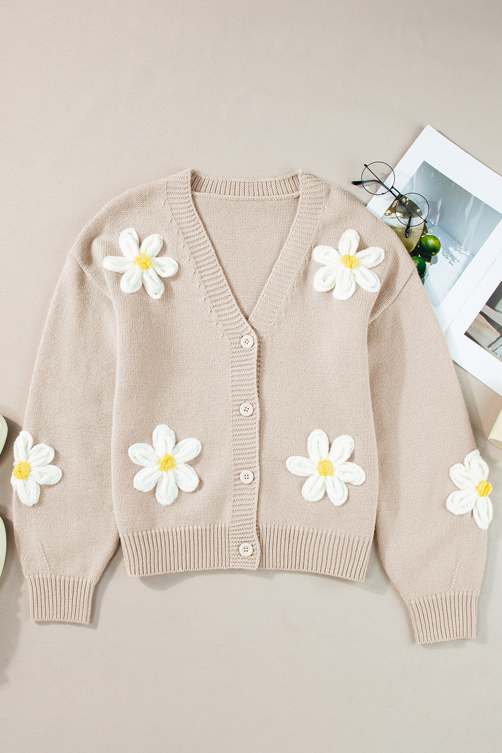 Elegant Flower Decor Button Front Cardigan | Parchment