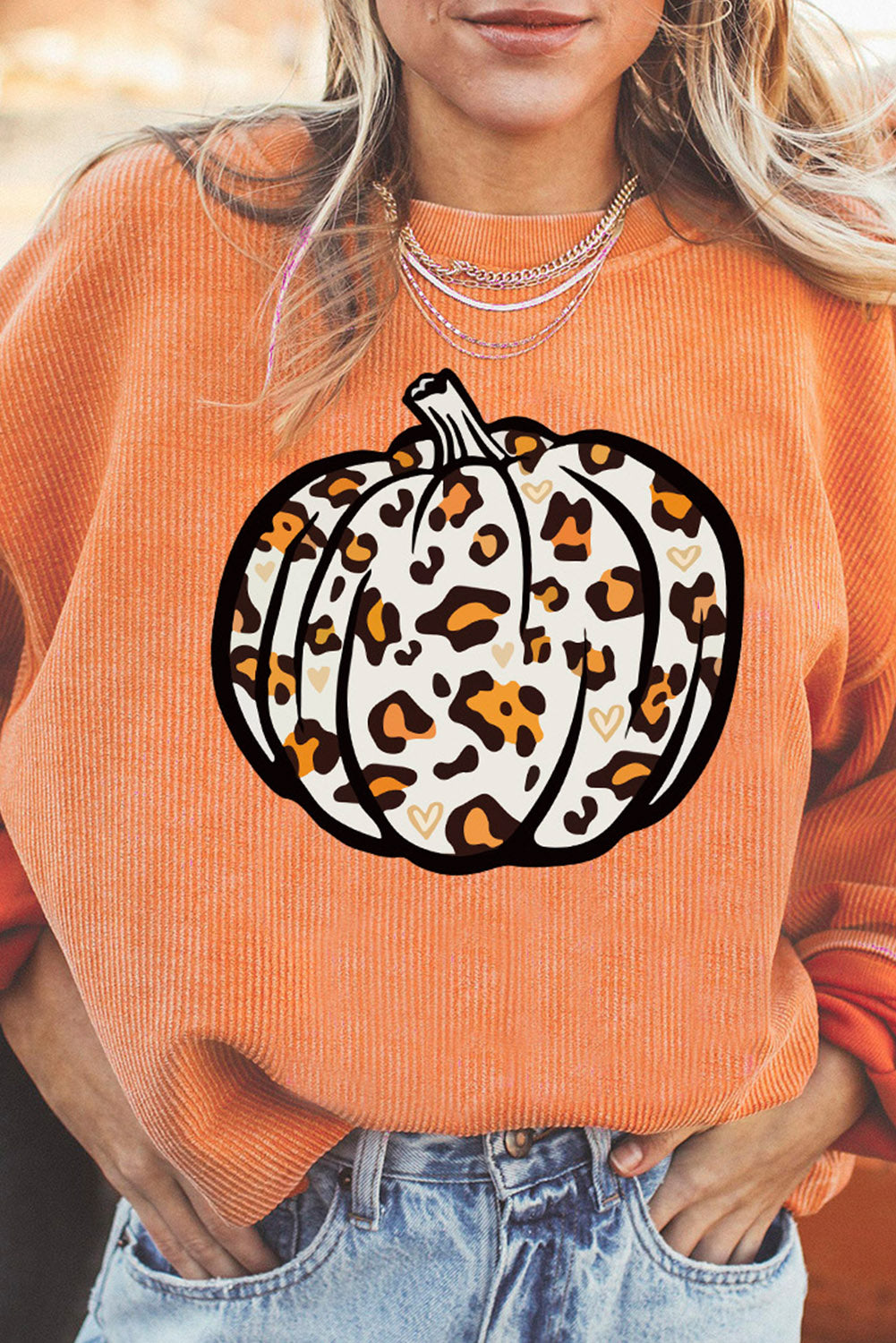 Orange Leopard Pumpkin Graphic Corded Sweatshirt