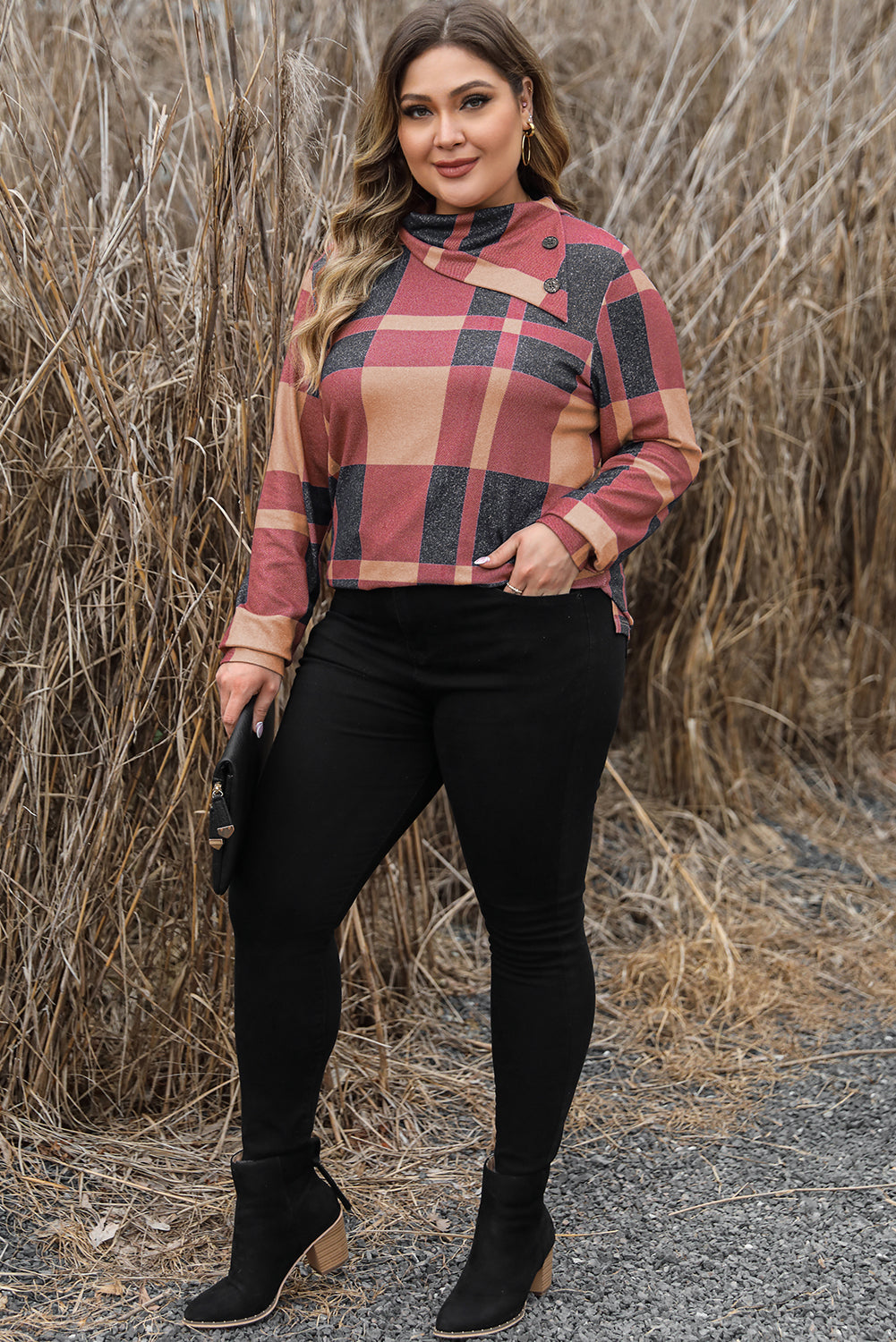 Plus Size Plaid Print Button Decor Asymmetric Neck Top | Mineral Red