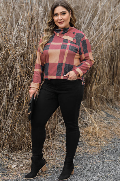 Plus Size Plaid Print Button Decor Asymmetric Neck Top | Mineral Red