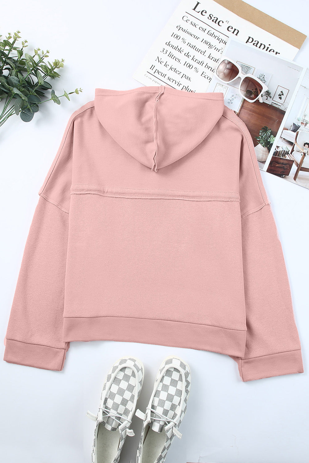 Casual Button Solid Patchwork Trim Hoodie | Pink