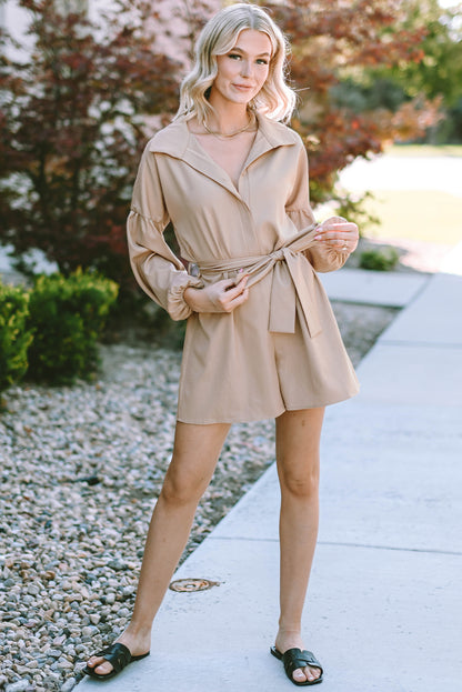 Light French Beige Lapel Drop Shoulder Bubble Sleeve Romper With Sash | Flaxen