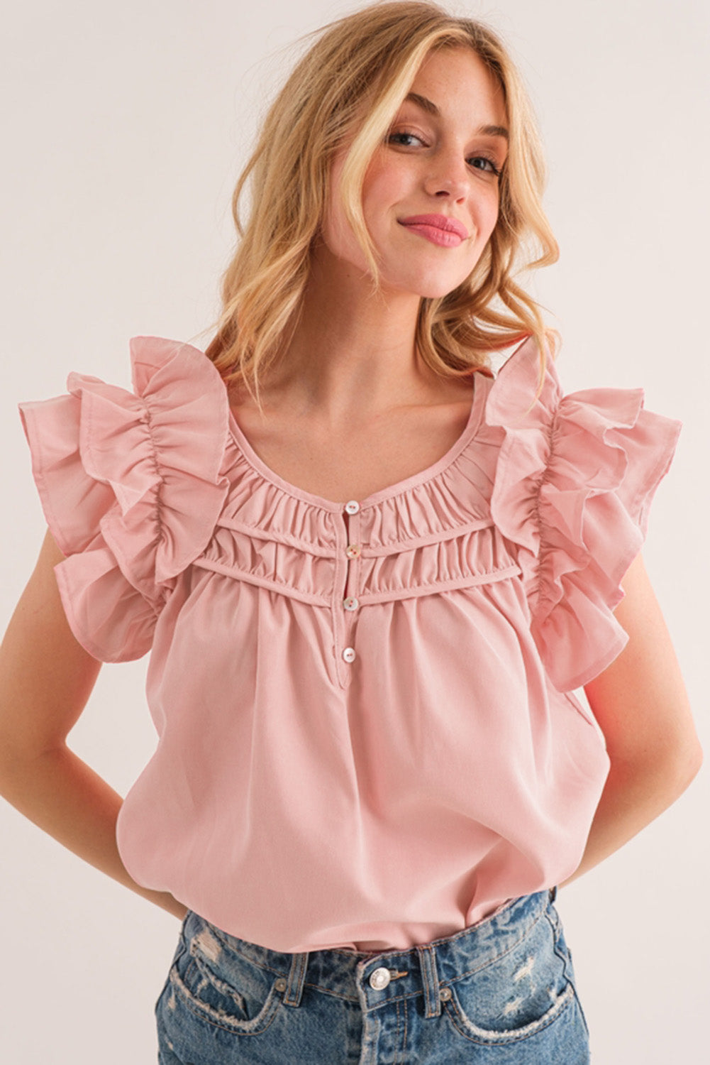 Shirring Buttoned Neck Ruffle Sleeve Blouse | Peach Blossom