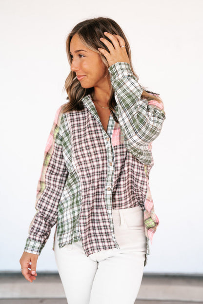 Plaid Patchwork High Low Oversized Shirt | Multicolour