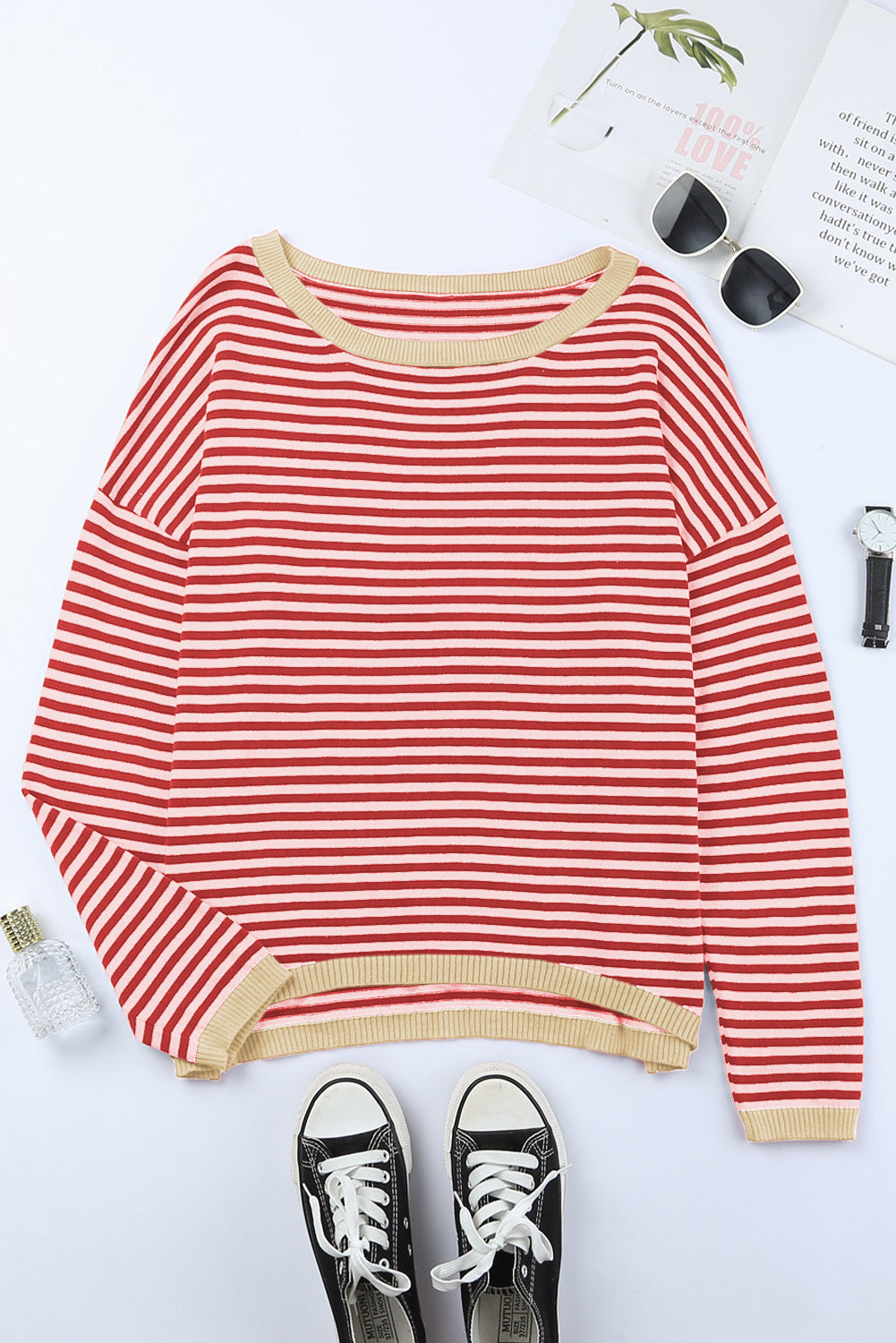 Contrast Trimmed Striped Drop Shoulder Sweater | Fiery Red