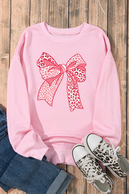 Leopard Bowknot Printed Crewneck Pullover Sweatshirt | Pink